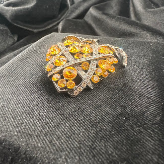 Silver-tone strawberry brooch with orange rhinestones, clear crystal accents and textured leaves, view 3