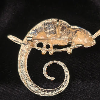Gold-tone chameleon brooch with multicolor pavé rhinestones and curled tail on a branch, view 4