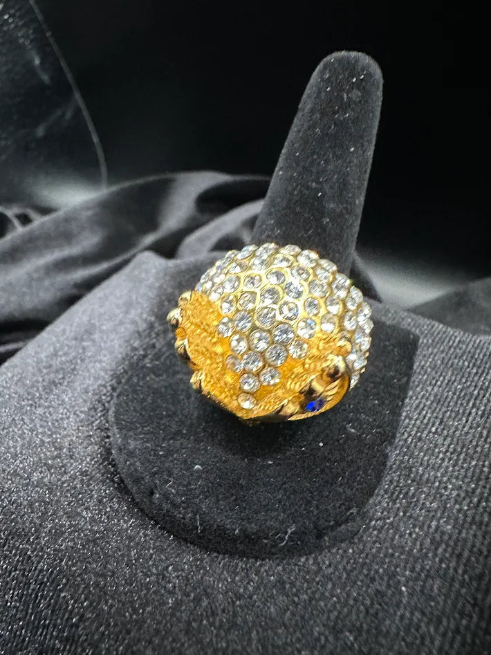 Gold Tone Owl Ring Blue Rhinestone Eyes Crystal Statement Ring Size 8 Vintage Animal Jewelry