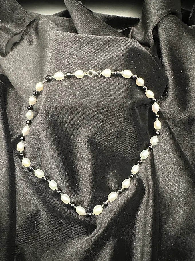 Cream Pearl Style and Black Bead Necklace with Silver Tone Clasp
