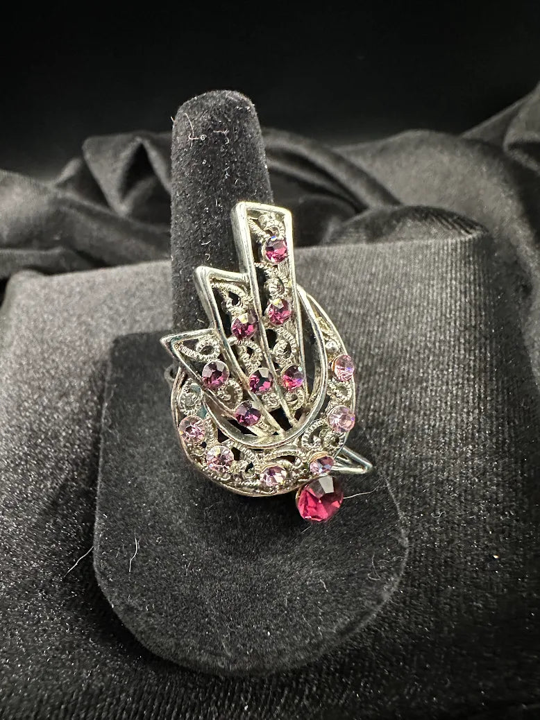 Pink Rhinestone Bracelet & Ring Set – Wide Art Deco Style Crystal Expansion Bracelet Size 7 Statement Ring