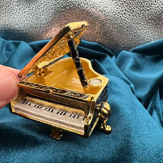 Black Enamel Grand Piano Trinket Box Gold Tone Floral Lid Rhinestone Trim