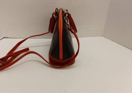 Vintage Vera Pelle Italian Leather Dome Satchel, Black & Red Two-Tone Crossbody, Made in Italy