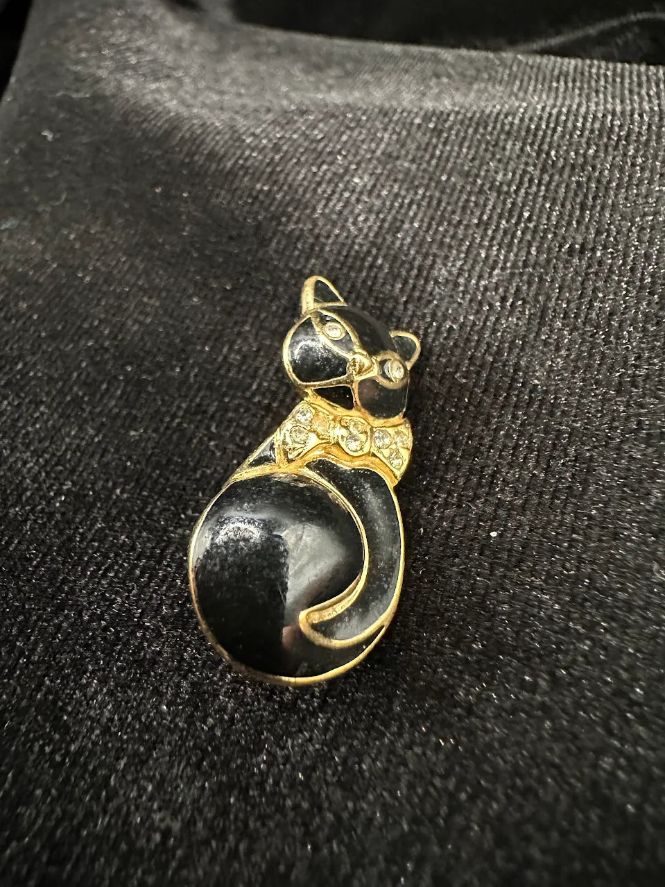 Gold-tone curled black cat brooch with clear crystal collar, view 2