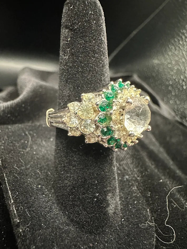 Sterling Silver 925 Green & Clear Crystal Cluster Ring Gold Tone Accent Statement Ring Size 5 Adjustable