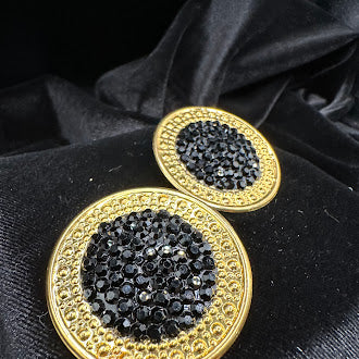 Signed Richard Kerr large round gold-tone clip earrings with black crystal centers, view 4