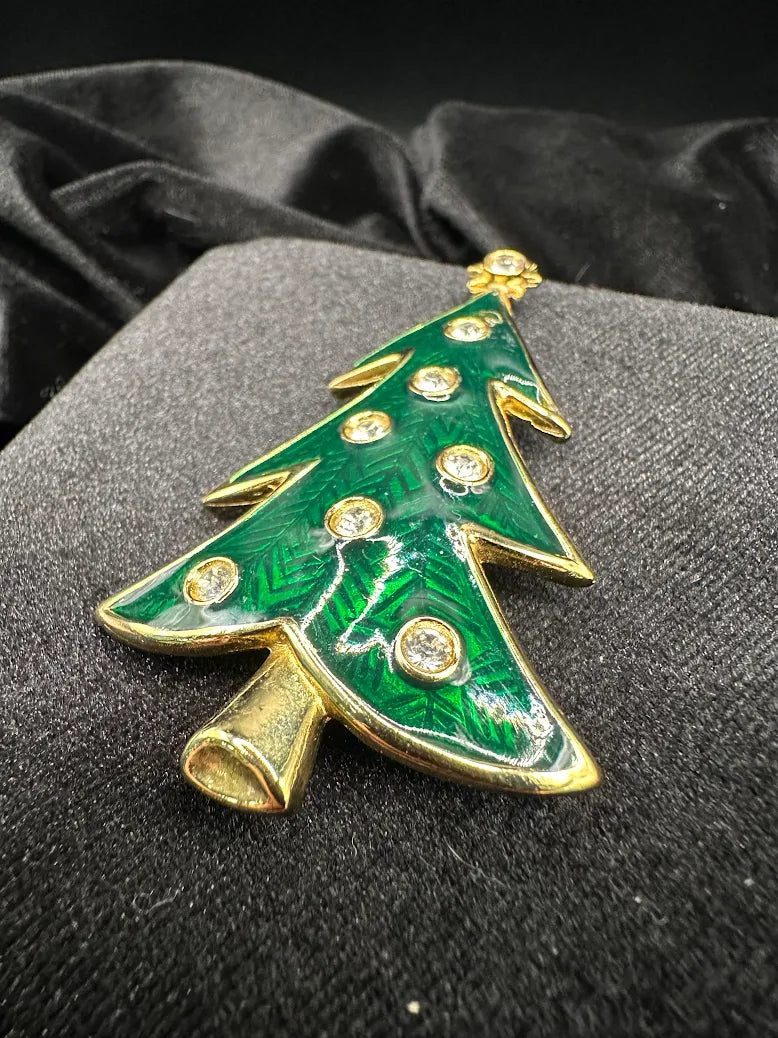 LIA gold-tone green enamel Christmas tree brooch with clear crystal ornaments and star, view 3