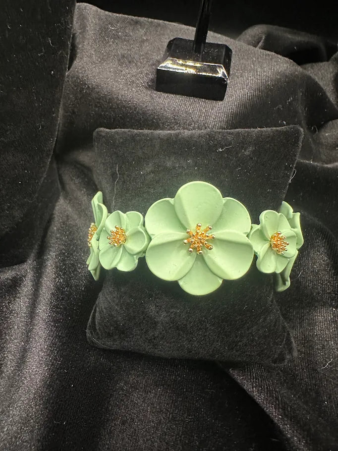Mint green flower necklace, earrings and bracelet set with gold-tone accents, view 4