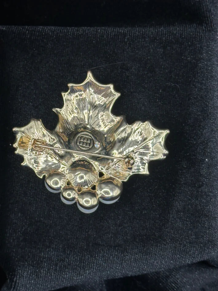 1950s–60s Holly Leaf Brooch by Givenchy Gold Tone Rhinestone Enamel Pearl Christmas Pin