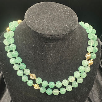 Green Aventurine Style Double Strand Bead Necklace with Gold Tone Accents