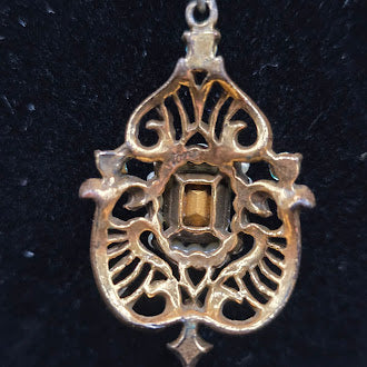 Gold Tone Filigree Pendant Necklace Blue Crystal Faux Pearl Vintage Style Statement Necklace