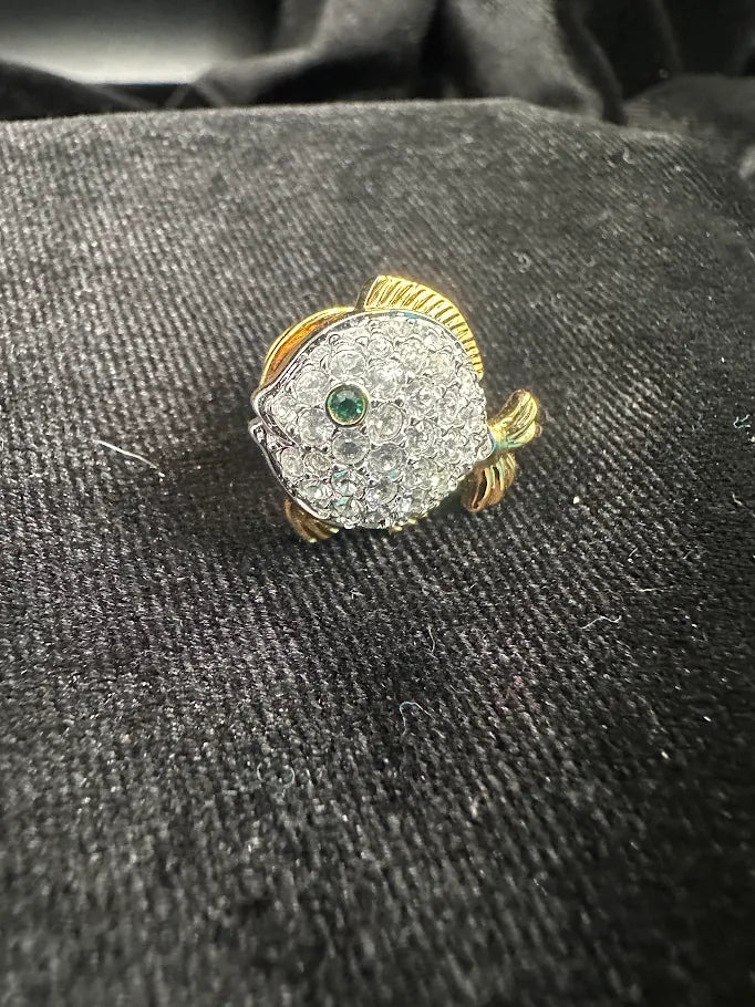 Swarovski Gold Tone Crystal Fish Lapel Pin | Signed Designer Nautical Pin