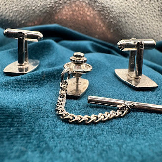 Vintage silver tone monogram N cufflinks and tie tack set with engraved initial and chain back