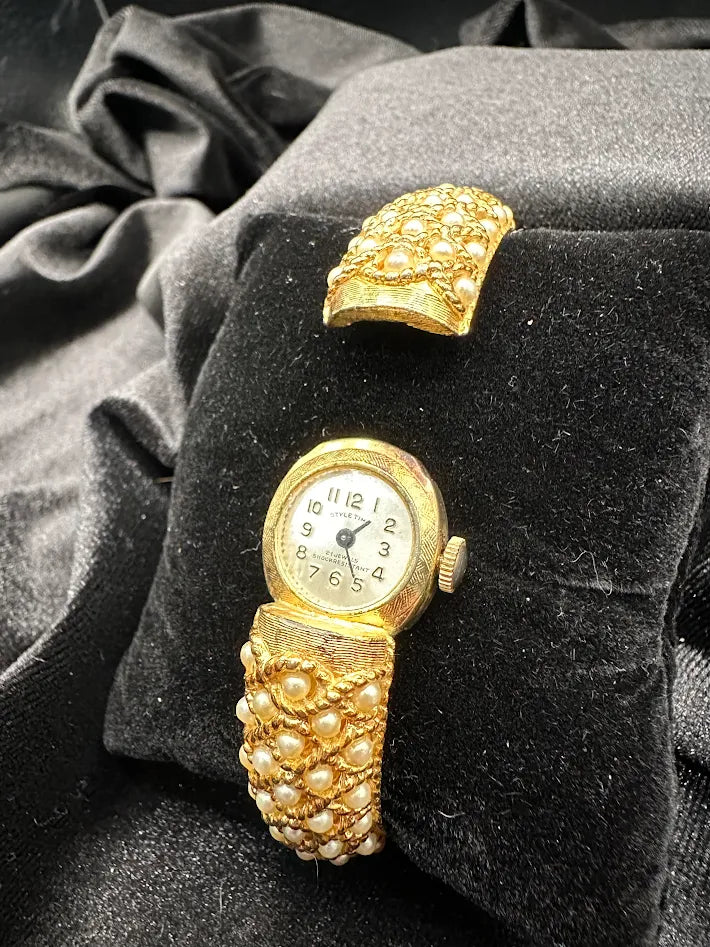 Time Gold Tone Faux Pearl Bracelet Watch Ladies Wristwatch