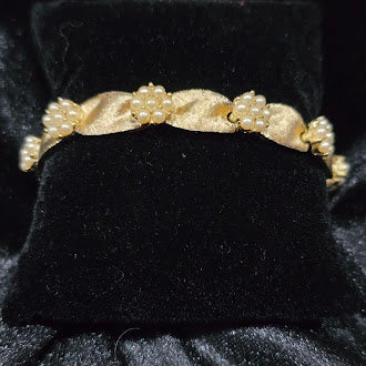 Vintage Trifari Gold Tone Ribbon Link Bracelet with UV Reactive Faux Pearls, Textured Satin Finish, Classic Estate Designer Style