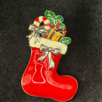 Christmas Stocking Brooch with Gifts and Holly Enamel