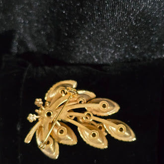 Gold Tone Green Stone Brooch UV Reactive Uranium Glass Stones Leaf Spray Pin Prong Set Green Navette Stones Safety Clasp