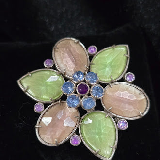 Vintage UV Reactive Floral Brooch with Pastel Petal Stones and Rhinestone Center, Estate Statement Flower Pin, Iridescent Glow Under Blacklight