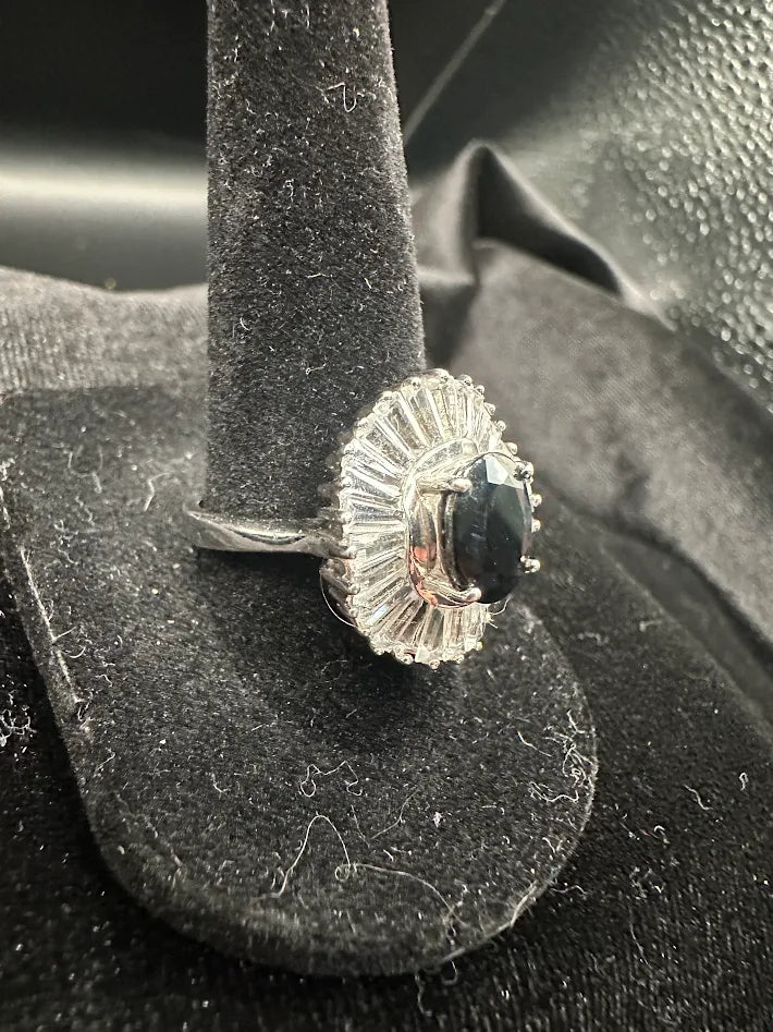 Sterling Silver 925 Sapphire CZ Cocktail Ring Size 8 Baguette Halo Statement Vintage Style