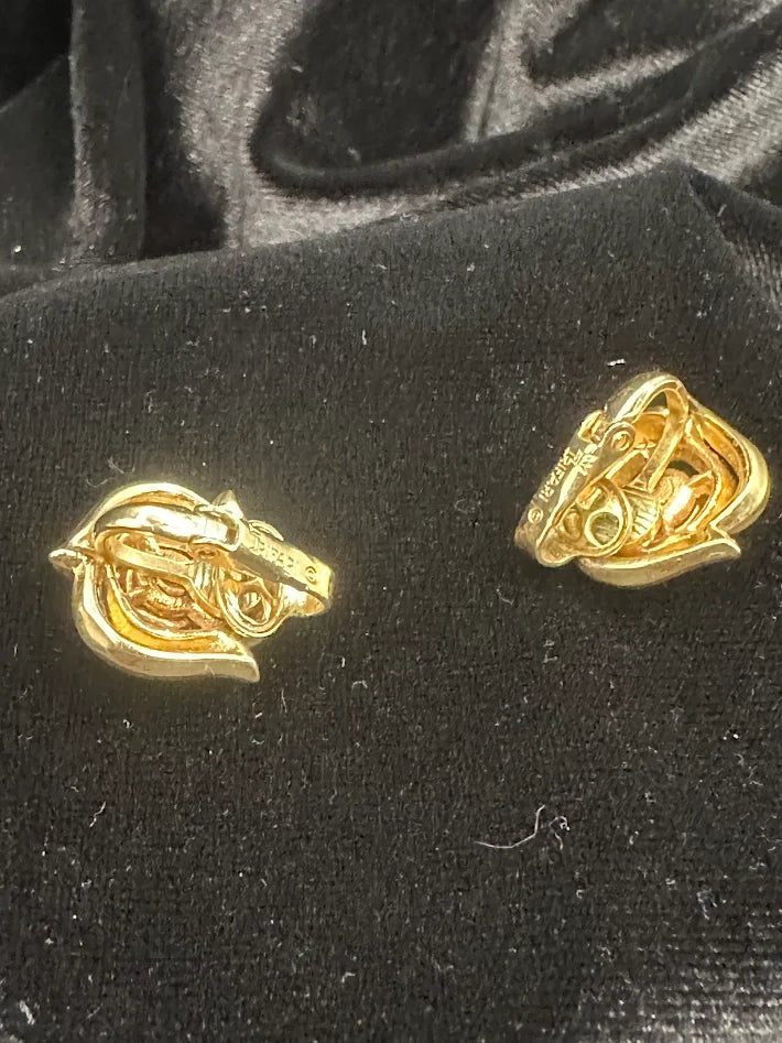 Crown Trifari Gold Tone Blue Crystal Clip Earrings Swirl Floral Vintage Designer Jewelry