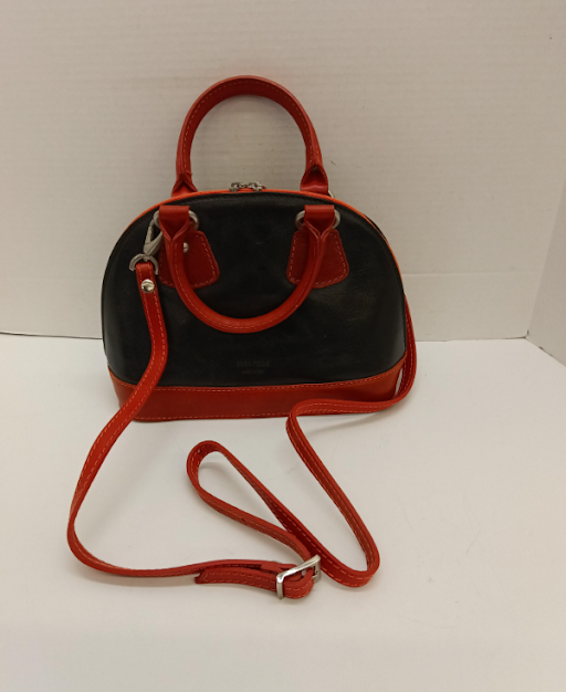 Black leather dome satchel with red contrast trim, top handles and shoulder strap, view 2