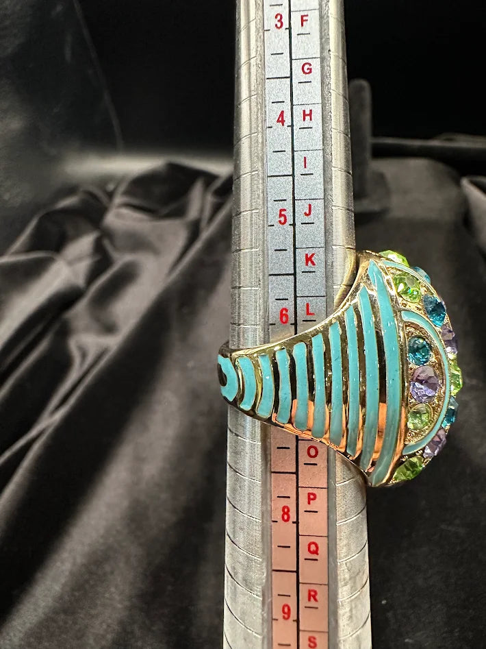 Akkad Gold Tone Multicolor Crystal Dome Ring Turquoise Stripe Statement Ring Bold Cocktail Ring