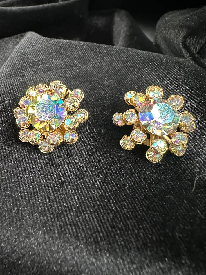 Gold-tone round cluster screw back earrings with large aurora borealis crystal center, view 4
