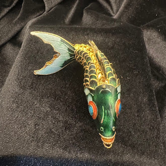 Large Cloisonné Articulated Fish Pendant Green Enamel Gold Tone Wirework Statement Necklace Charm