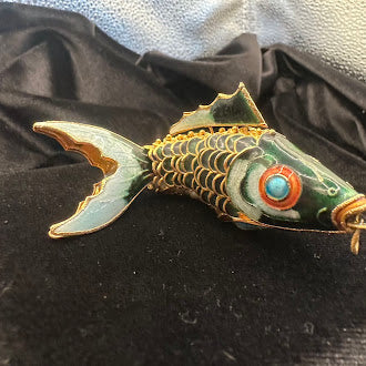 Large Cloisonné Articulated Fish Pendant Green Enamel Gold Tone Wirework Statement Necklace Charm