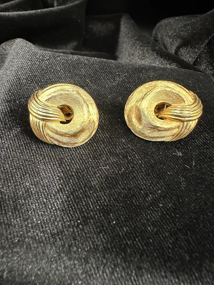 Signed Crown Trifari textured gold-tone swirl knot clip earrings, view 4