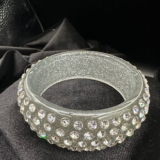 Chunky Glitter Resin Bangle Rhinestone Wide Bracelet Silver Tone Sparkle Statement