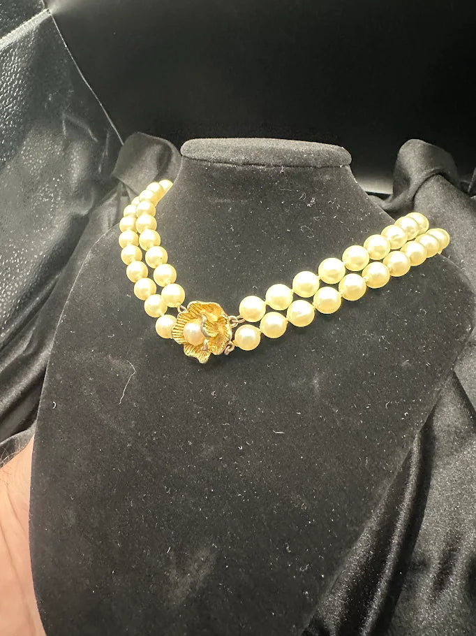 Vintage Triple Strand Pearl Style Necklace with Gold Floral Centerpiece
