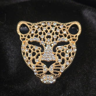 Gold tone rhinestone leopard face brooch openwork cat head pin