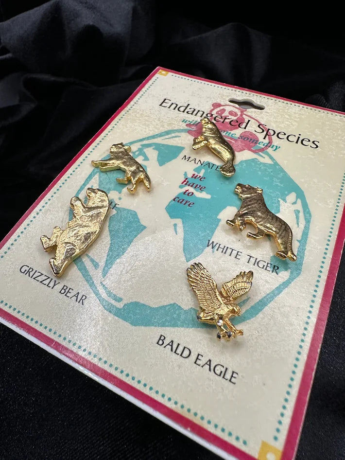 1990s Endangered Species Animal Pin Set Gold Tone Brooch Collection On Original Card