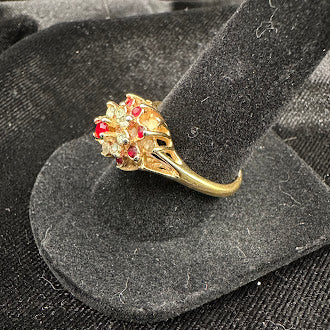 Vintage Style Gold Electroplate Ruby Red & Clear Crystal Floral Cocktail Ring – Size 6.75