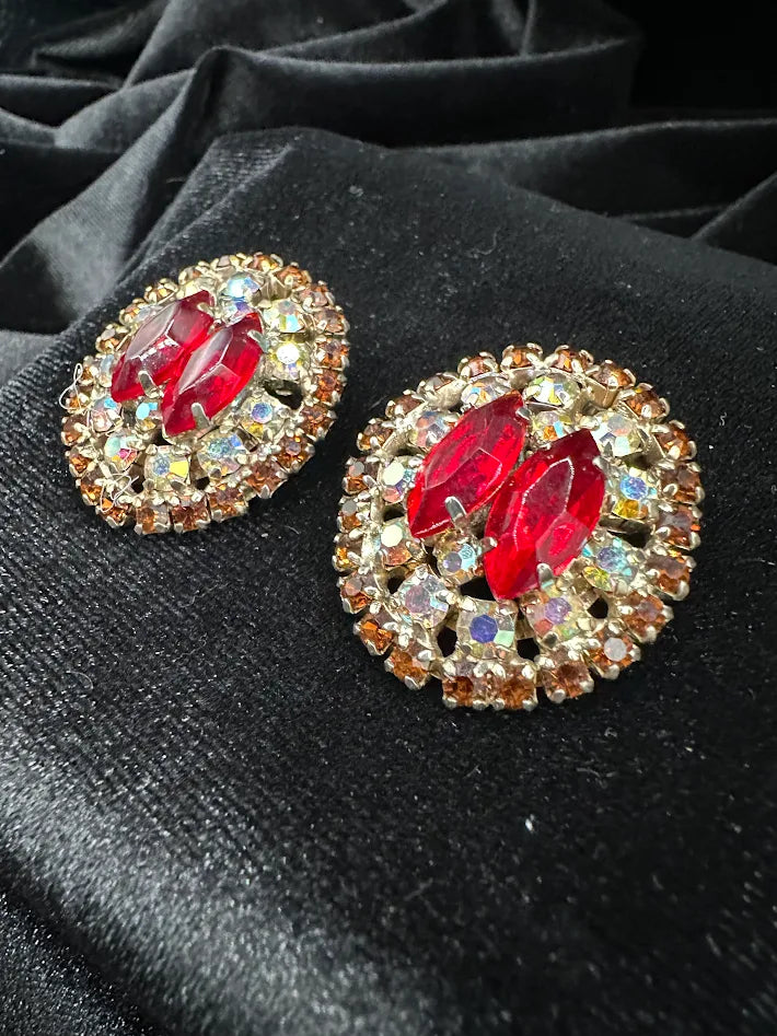 Gold Tone Red Marquise Crystal Cluster Clip Earrings Aurora Borealis Rhinestone Halo Vintage Statement Jewelry