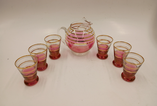 1950s–1960s Macbeth Evans Pink Glass Pitcher Set Gold Stripe 6 Glasses Depression Era