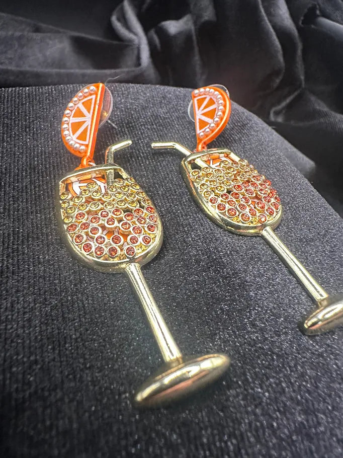 Sugarfix gold-tone cocktail glass drop earrings with orange slice accents and crystals, view 4