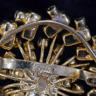 Vintage Austria Signed Gold Tone Rhinestone Brooch with Pink and Lavender Baguette Crystals, Starburst Floral Cluster Design, Estate Statement Jewelry