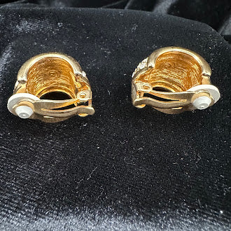 Gold-tone dome clip earrings fully set with clear pavé crystals, view 2