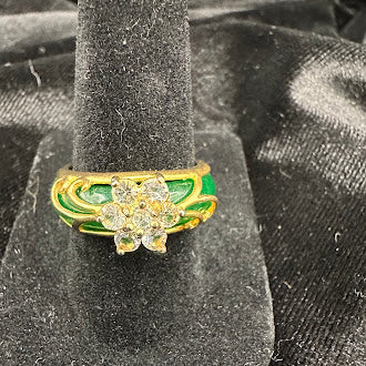 Gold Tone Green Enamel Flower Cluster Ring