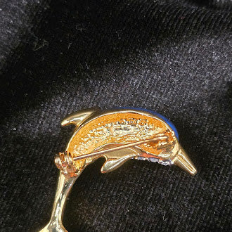 Gold Tone Blue Enamel Dolphin Brooch With Clear Rhinestone Accents