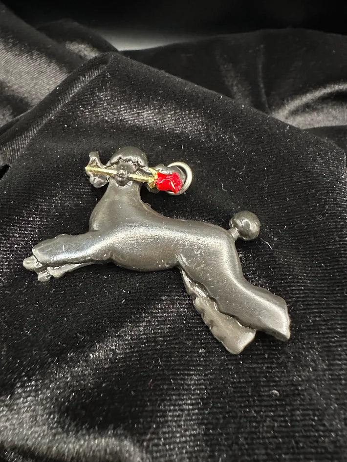 Shields pewter poodle brooch with red rose accent