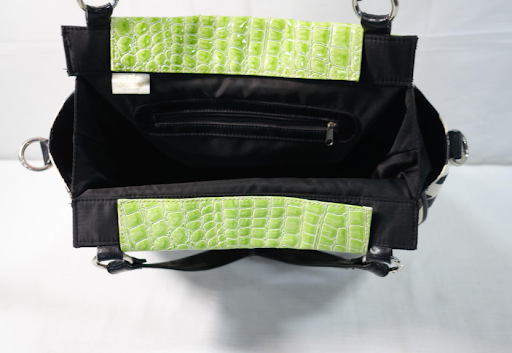 Large zebra print tote with pink and green croc-embossed trim and black handles, view 5