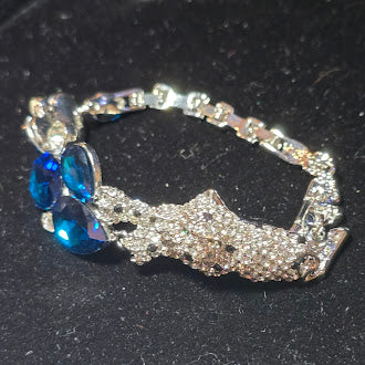 Silver Tone Panther Bracelet with Blue Crystal Stones Big Cat Statement Rhinestone Jewelry