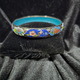 Cloisonne Enamel Bangle Bracelet Set of 2 in Blue and Black with Floral Motif, Glossy Finish, Curated Estate Stack Style
