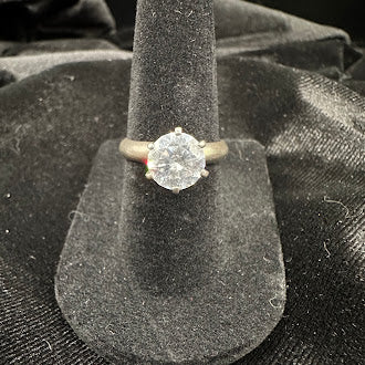 Silver Tone Round Crystal Solitaire Ring
