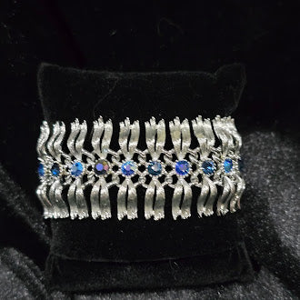 Vintage Lisner Silver Tone Wide Bracelet with Iridescent Rhinestones, Textured Link Design, Aurora Borealis Sparkle, Estate Statement Style