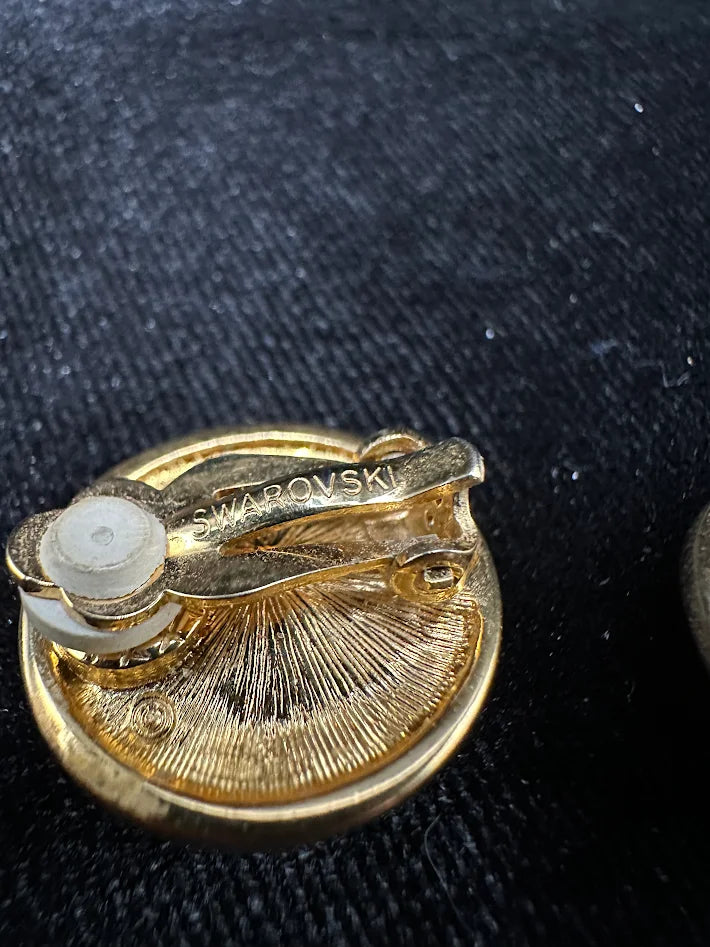 Swarovski Black Crystal Clip Earrings Gold Tone Rhinestone Halo Dome Vintage Statement