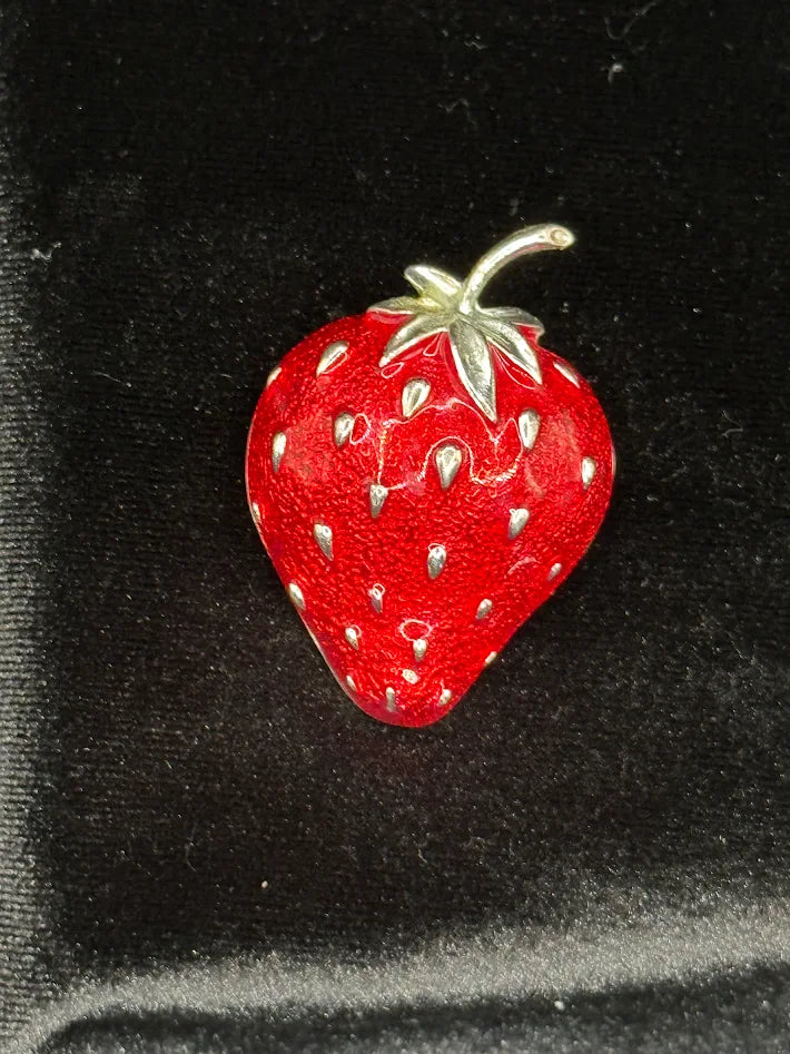 Silver-tone strawberry brooch with glossy red enamel and silver-tone seed details, view 2